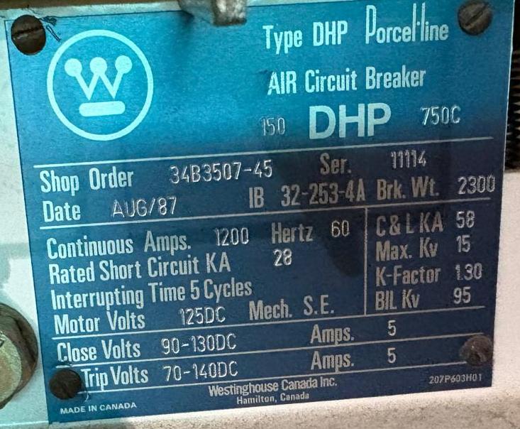 Westinghouse 150 DHP 750C 1200 A 15 kV Air Circuit Breakers - Used
