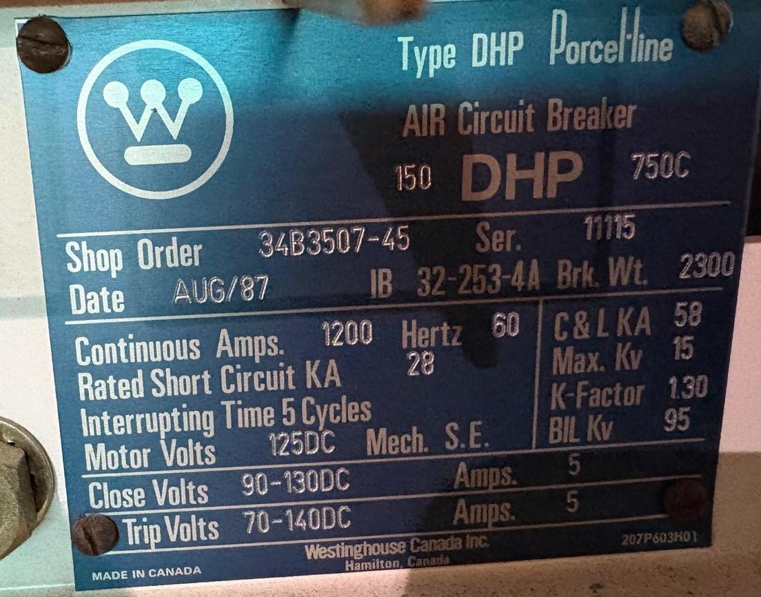 Westinghouse 150 DHP 750C 1200 A 15 kV Air Circuit Breakers - Used