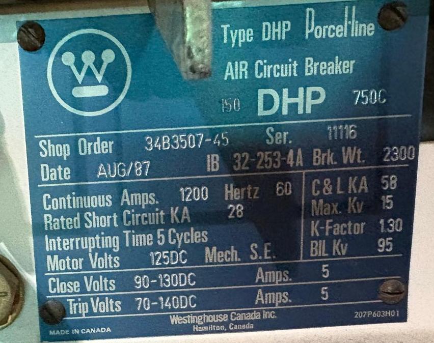Westinghouse 150 DHP 750C 1200 A 15 kV Air Circuit Breakers - Used