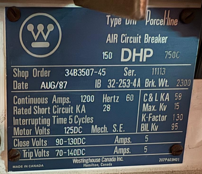 Westinghouse 150 DHP 750C 1200 A 15 kV Air Circuit Breakers - Used