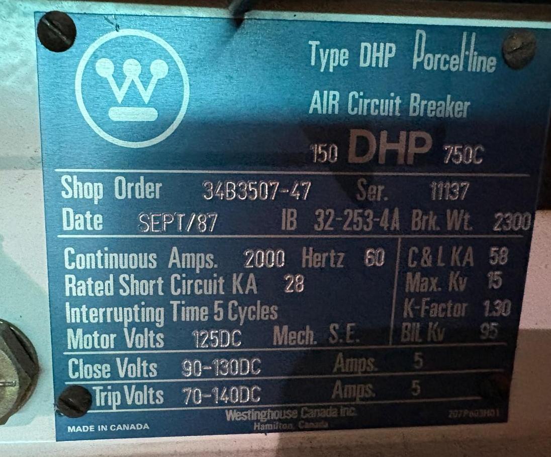 Westinghouse 150 DHP 750C 2000 A 15 kV Air Circuit Breaker - Used