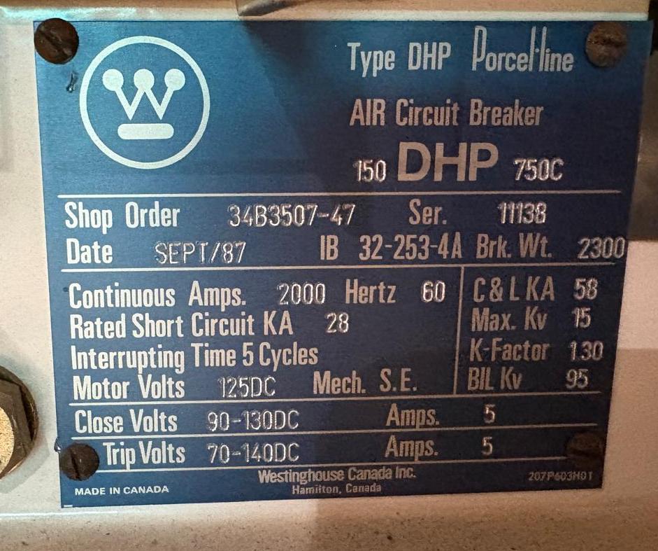 Westinghouse 150 DHP 750C 2000 A 15 kV Air Circuit Breaker - Used