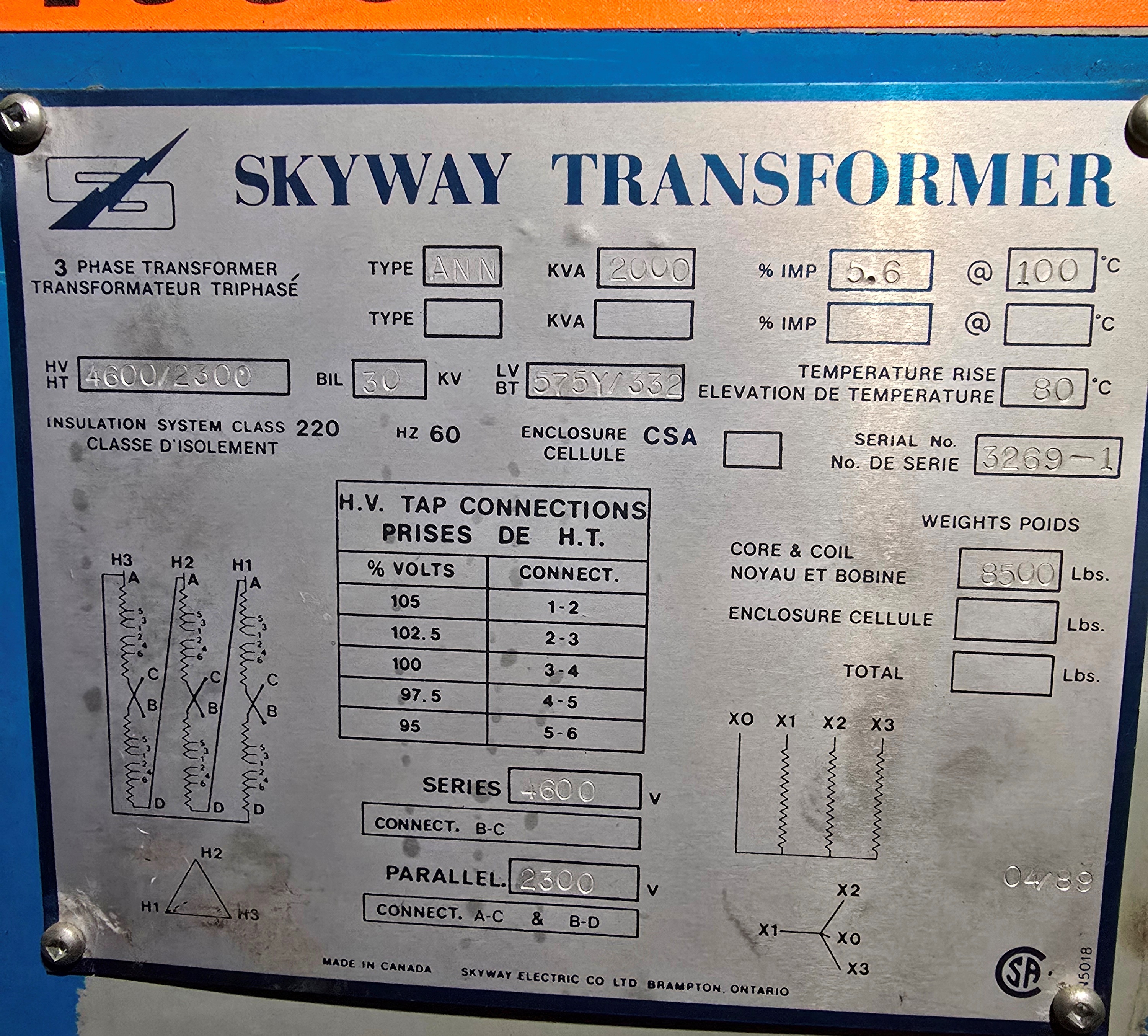 Skyway ANN 2000 kVA 3 Phase Transformer 4600/2300 V