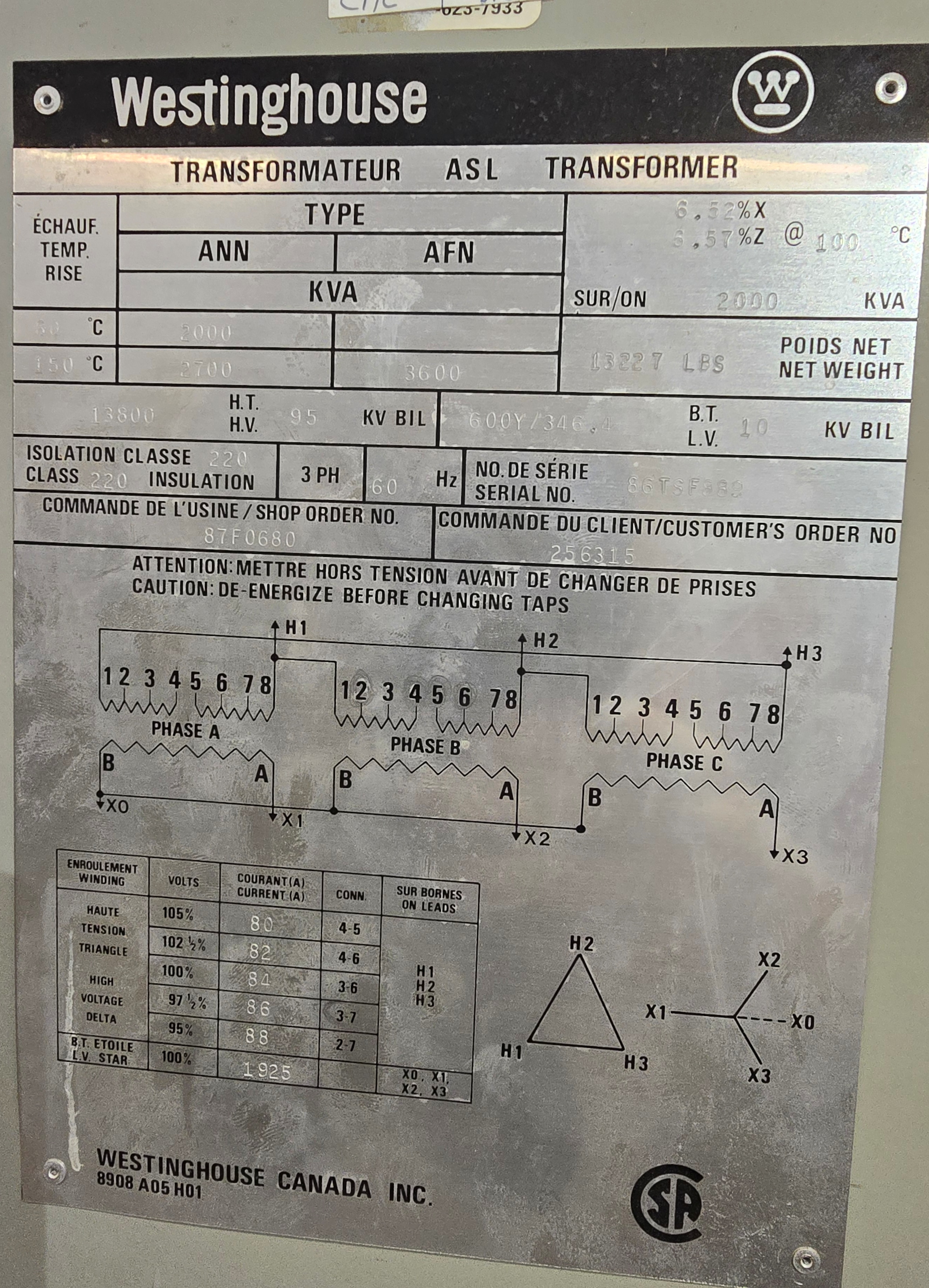 Westinghouse 2000 KVA ASL Transformer 13800/600Y V 3 Phase 60 Hz