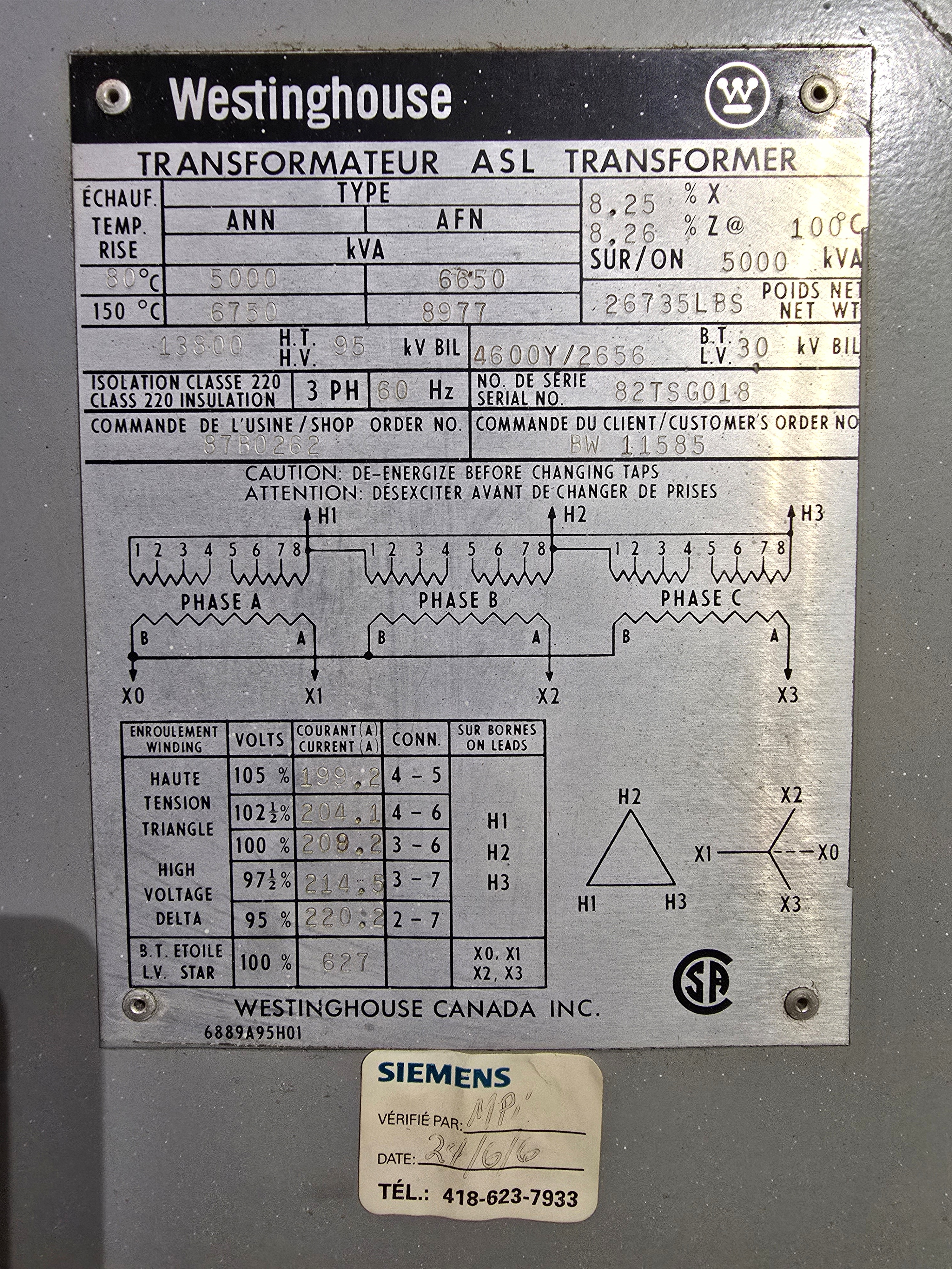Westinghouse 82TSG018 ASL Transformer 5000 kVA 13.8 kV / 4.6 kV
