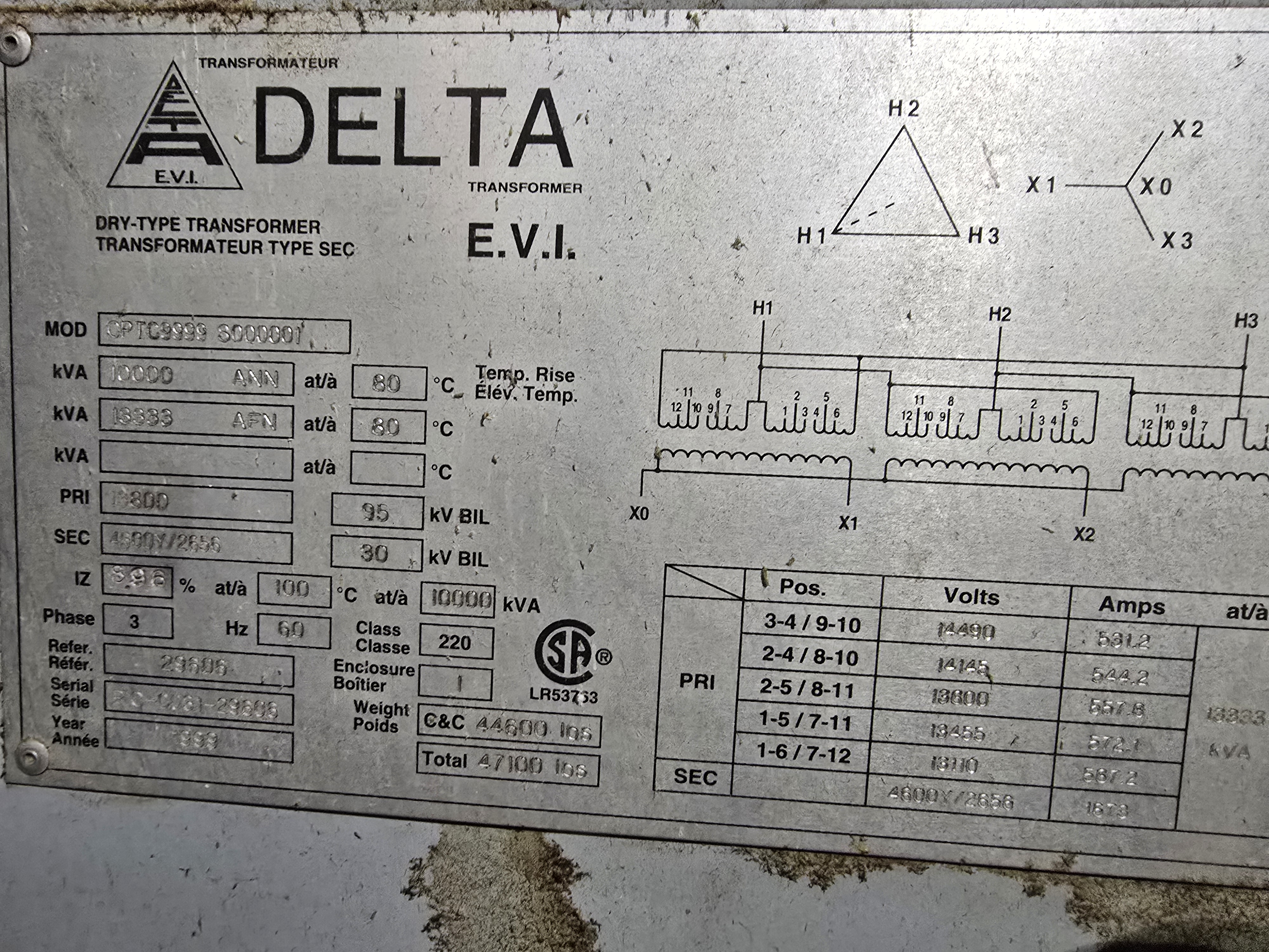 Delta CPTC3999 Dry Type Transformer 10,000 kVA 13.8kV/4600V