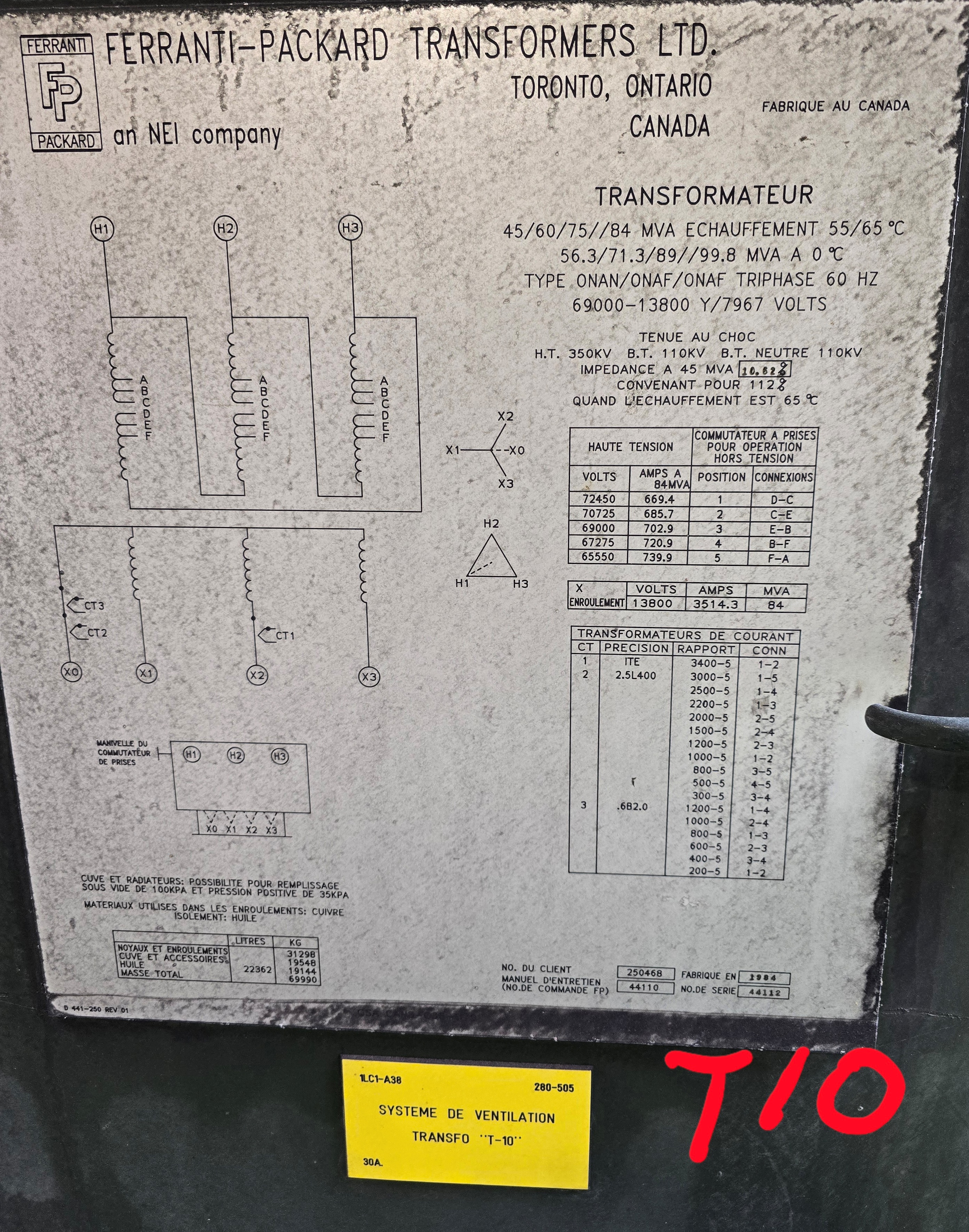Ferranti-Packard 44112 Power Transformer 84 MVA 69000-13800 Y/7967 V 60 Hz